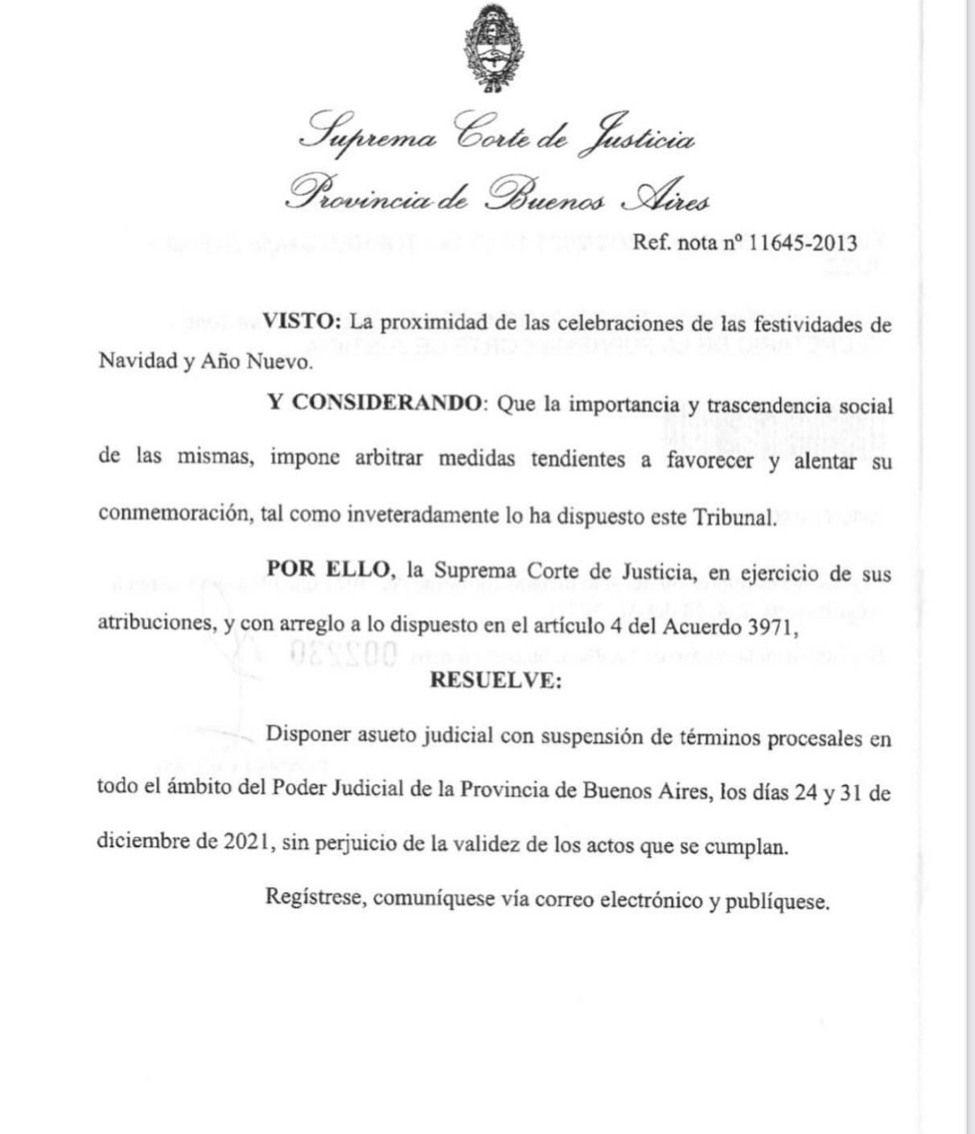 LA SCBA DISPUSO ASUETO JUDICIAL CON SUSPENSIÓN DE TÉRMINOS PROCESALES LOS VIERNES 24 Y 31 DE DICIEMBRE